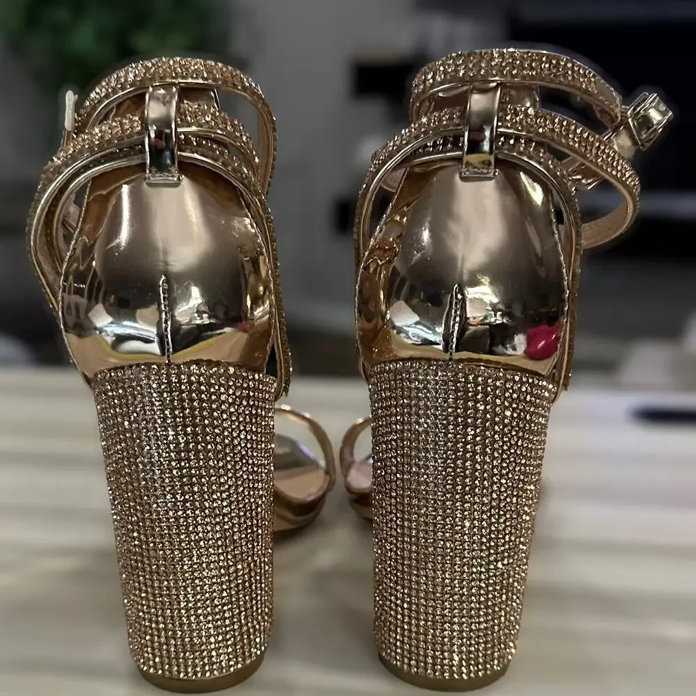 Wild Diva rose gold metallic and crystal block heels double wrap‎ ankle size 5.5 - Picture 7 of 10